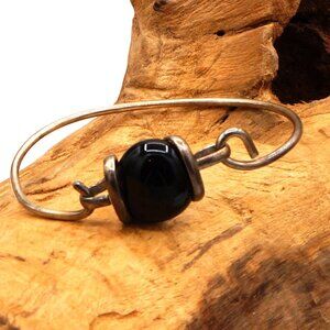 Vintage Black Oval Glass Handmade Hinged Bracelet Bangle Silver Tone